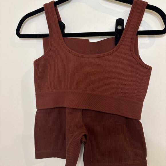 Workout Sets for Women 2 Piece Seamless Ribbed Crop Tank High Waist Shorts Yoga - Picture 5 of 5